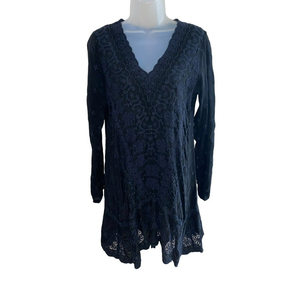 Johnny Was Black BOHO Embroidered Eyelet Rayon Mini Dress SIZE Small